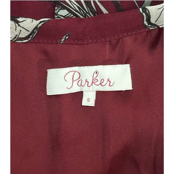 PARKER 100%Silk Ruffle Tier Floral Dress Sheer Sleeve Burgundy Sundress Small - Picture 11 of 13